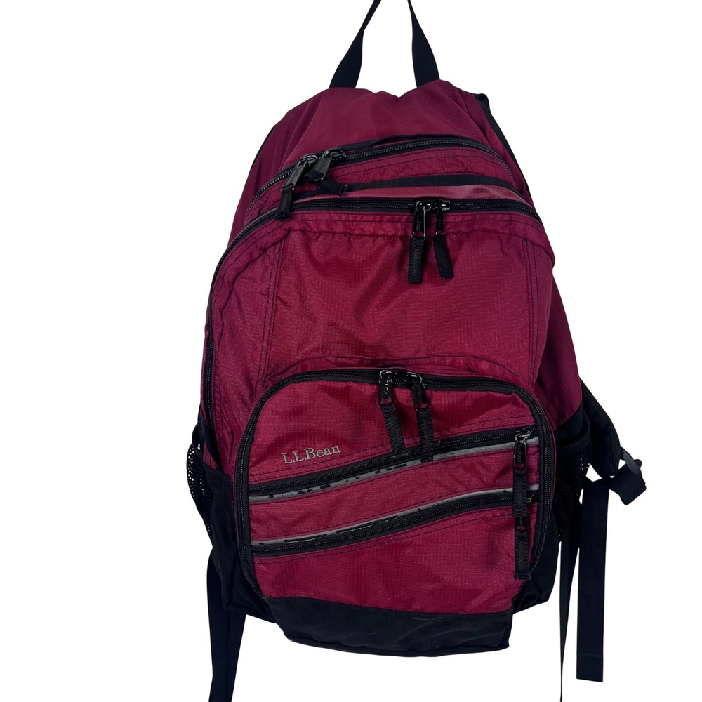 LL Bean Deluxe Book Pack Backpack Red Black Reflective School Hiking Bag